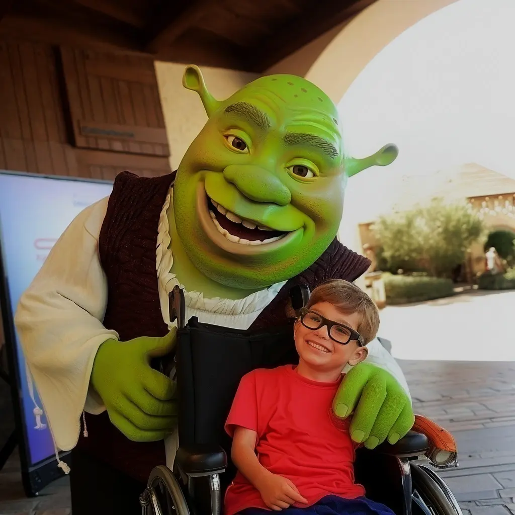 Shrek ao lado de uma criança durante evento